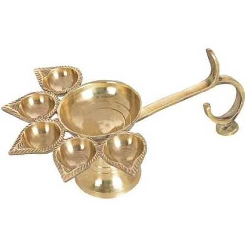 IDAHA Panch Aarti Pure Brass Item Panchmukhi Puja Diya Ghee Lamp Aarti Ghee Deepak for Home Temple L X B X H - 12 X 17 X 8 糎, Golden Colour