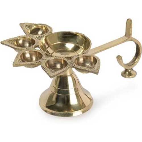 IDAHA Panch Aarti Pure Brass Item Big Size Panchmukhi Puja Diya Ghee Lamp Aarti Ghee Deepak for Home Temple L X B X H - 11 X 16 X 7 糎, Golden Colour