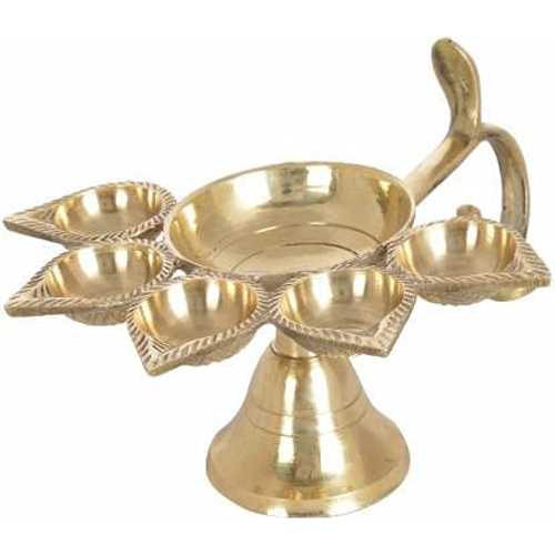 IDAHA Panch Aarti Pure Brass Item Panchmukhi Puja Diya Ghee Lamp Aarti Ghee Deepak for Home Temple L X B X H - 12.5 X 17.5 X 8 糎, Golden Colour