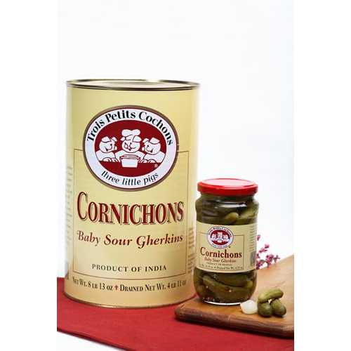 THREE LITTLE PIGS Trois Petits Cochons French Cornichons, Baby Sour Gherkins, 8.81 Lb (Pack of 3) Authentic French Pickles, Perfect Charcuterie Pairing, Crisp \u0026 Tangy Flavor for Pates, Ham, \u0026 Gourmet Spreads