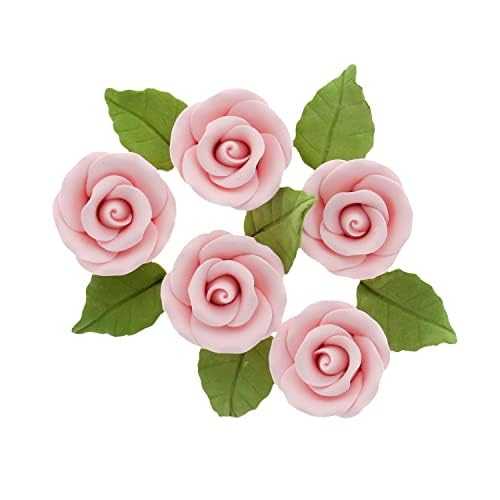 Global Sugar Art Premium Wedding Rose Edible Sugar Cake \u0026 Cupcake Flowers, Pink, 12 Count with Leaves by Chef Alan Tetreault