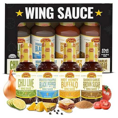 Country Bob\u0027s Wing Sauce Variety 4-Pack - Hot Honey Buffalo, Chili Lime, Roasted Pineapple \u0026 Black Pepper, Smoked Garlic \u0026 Brown Sugar, 18薬局衡オンス Each