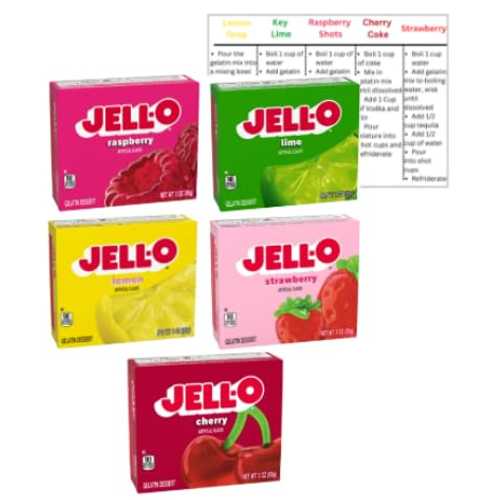 Generic Gelatin Mix Variety Pack of 5 - Jello, Jello Mix - 1 Box of Each Flavor - 5 Flavors of Flavored Gelatin Powder - Bundle with Recipe Card