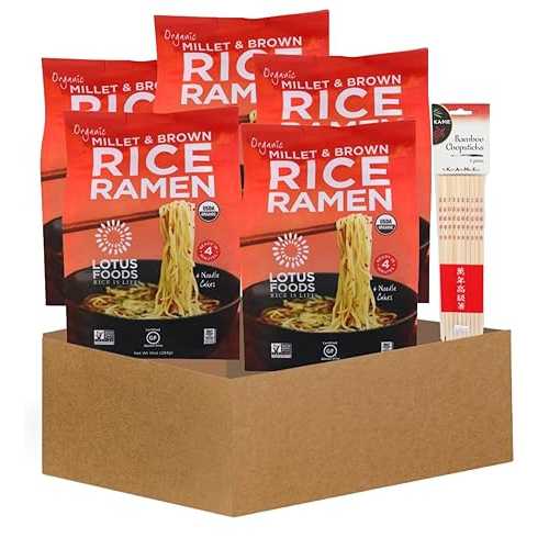 GROVE Gluten Ramen Noodles 5x Lotus Foods Organic Millet and Brown Rice-Ramen Noodles Bundle with 1xBamboo Chop Stck Pair Gift Set (6 Items)