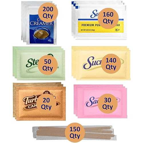 CMC Products Coffee Station Essentials Plus 600 Coffee Packets + 150 Stir Sticks Sweetener Variety Pack with Non-Dairy Creamer Sugar, Sucralose, Stevia, Saccharin \u0026 Raw Sugar Office, Home, Hotel \u0026 Breakroom Kit