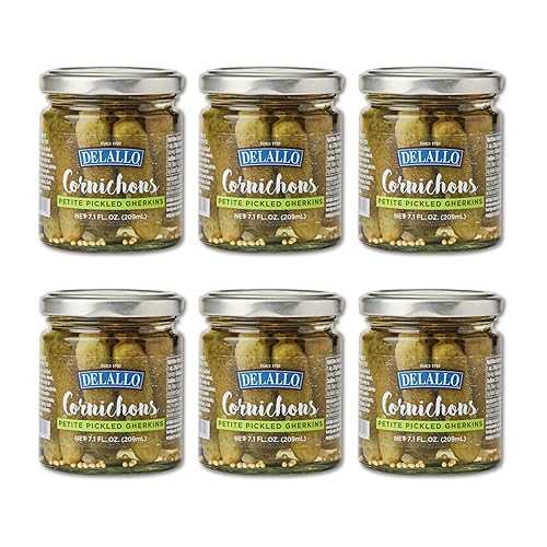 DeLallo Cornichons, Mini Pickled Gherkins, Bright Tangy Flavor, Crunchy Texture, Gourmet Charcuterie Snack, Made インチ Small Batches, Vegan, Non-GMO, Kosher, 7.1 薬局衡オンス Jar, (6 Pack)