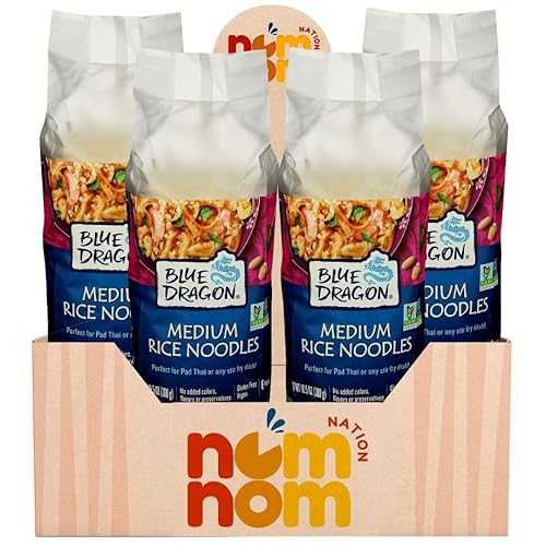 NomNom Nation Blue Dragon Rice Noodle Medium 10.58 OZ (Pack of 4) Noodle for Stir Fry and Soup Noodles Rice with Refrigerator Magnet 5 Items