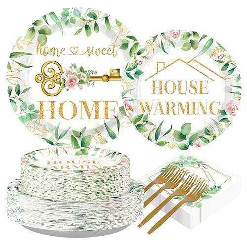 Grencian 200Pcs House Warming Party Decorations Housewarming Plates Disposable Home Sweet Home Plates Green Leaves Pink Floral Paper Tableware for New House Wedding Party Supplies, Serves 50