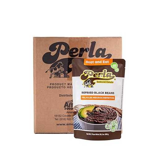 Perla Bandera de El Salvador Perla Refried Black Beans - No MSG, Non BPA, No Animal Ingredients, No soy added, No Preservatives, No artificial additives, 6 Grams of Protein, Microwavable, Fully Cooked, Just heat