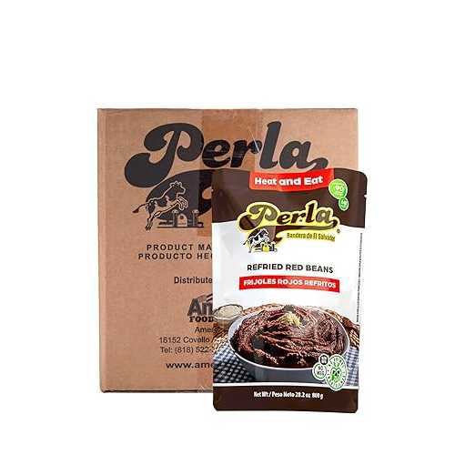 Perla Bandera de El Salvador Perla Refried Red Beans - No MSG, Non BPA, No Animal Ingredients, No soy added, No Preservatives, No artificial additives, 6 Grams of Protein, Microwavable, Fully Cooked, Just heat an