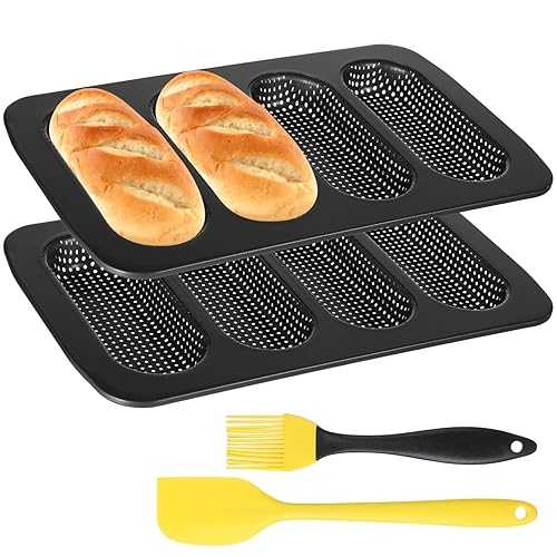 Vestamore 4-Cavity Hot Dog Bun Pan Set, Non-Stick Carbon Steel Bakeware, Silicone Scraper \u0026 Oil Brush Included, 13.7 X 8.5 インチ, Home Baking