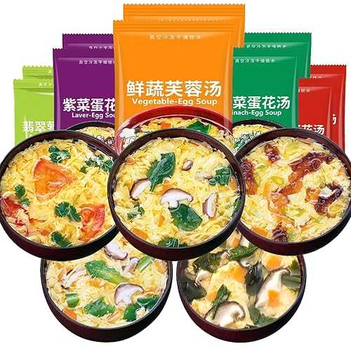 DGYLHBJ Vegetable Soup Mix, 12g/Bag, Freeze-Dried Instant Mix Soup with 5 Flavors (Laver,Spinach,Radishes-Shrimp,Vegetables,Tomato), Mushroom Soup Packets, 0.42 Ounce(10 Pack)