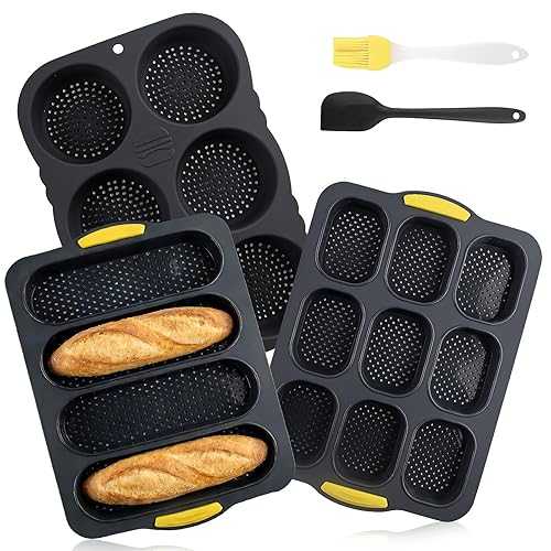 Orepzinc 5 Pcs Silicone Baguette Pan and Hamburger Bun Pan Set, Non-stick French Bread Baking Mold, 4 Wave French Bread Baking Tray, 6 Cup Hamburgers Bun Mold, 9 Cavity Hamburger Bun Pans with Spatula Brush