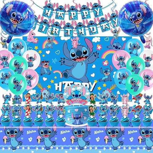 DMORED Stitch Party Supplies, Birthday Party Decorations Set Include Banner, Backdrop, Balloons, Hanging Swirls, Cake Cupcake Toppers, Tablecloth for Boys Girls Stitch Theme Party