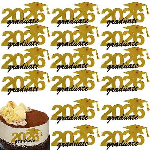 Generic 16 PCS 2026 Graduation Cake Toppers, Gold Acrylic Graduation Cap Graduate Cupcake Toppers, Class of 2026 Side Cake Decorations for High School College Grad Party Supplies