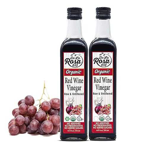 De La Rosa 613 De La Rosa Red Wine Vinegar Organic, Raw \u0026 Unfiltered, Kosher for Passover, Vegan, Non-GMO \u0026 Gluten Free, Great for Salad Dressings, Marinades \u0026 More, Organic Red Wine Vinegar, 16.9 Oz (Pack o
