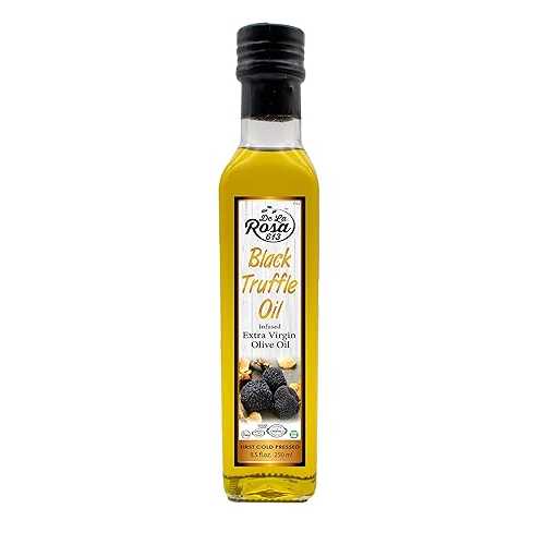 De La Rosa 613 De La Rosa Black Truffle Oil, First Cold Pressed, Vegan, Kosher, Non-GMO \u0026 Gluten Free, Drizzle Over for Pastas, Pizza, Risotto, Soups \u0026 More, Black Truffle Seasoning Oil 8.5 Oz (Pack of 1)