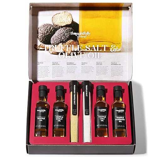 Thoughtfully Gourmet, Truffle Salt \u0026 Olive Oil Gift Set, Includes 4 Premium Extra Virgin Olive Oil, 2 Truffle Salts with Real Truffles, Set of 6