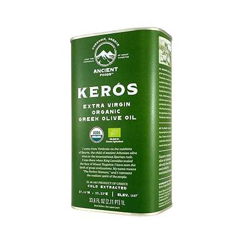 Ancient Foods Keros Organic Extra Virgin Olive Oil Cold Pressed Greek EVOO, High Polyphenol Olive Oil from 1000 Year Old Trees from Greece Ideal for Cooking, Salads \u0026 Gourmet Dishes 33.8薬局衡オンス (1L)