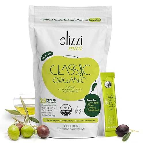 Olive Oil Packets - Olizzi Classic Organic Extra Virgin, New Harvest, Award Winning, Cold Pressed, USDA Organic Certified, Single Serve, Mini, Salad Dressing To Go, Individual, Travel Size, 25 Single Use Packs (0