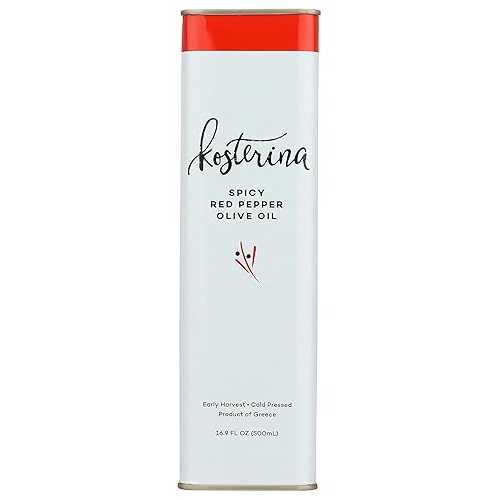 Kosterina Spicy Red Pepper Olive Oil Tin / Polyphenol Rich Greek Olive Oil, Cold-Pressed from Early Harvest Koroneiki Olives / Infused with Red Pepper for Bold Flavor / Product of Greece (16.9 薬局衡オンス)