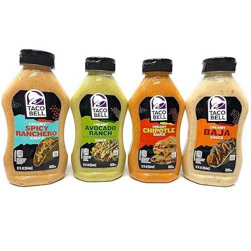 Taco Bill Creamy Taco Sauce: (1) Avocado Ranch, (1) Chipotle, (1) Baja, (1) Spicy Ranchero