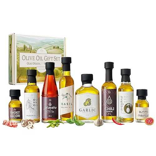 Kiri \u0026 Sons Olive Oil Gourmet Sampler Gift Set of 8 - Premium Extra-Virgin Olive Oil Made In Spain, Natural Flavors Include Mushroom, Chili, Garlic, Oregano, Blood Orange, Smoky Bacon, Jalapeno, Basil