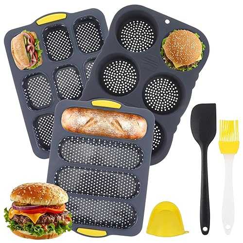 PercyEffie Set of 6 Silicone Hamburger Bun Mold, 4/8/9-Cup Silicone Hotdog Bun Pan with Spatula Brush Grab Glove, for Homemade Hamburger Buns, Dishwasher Safe