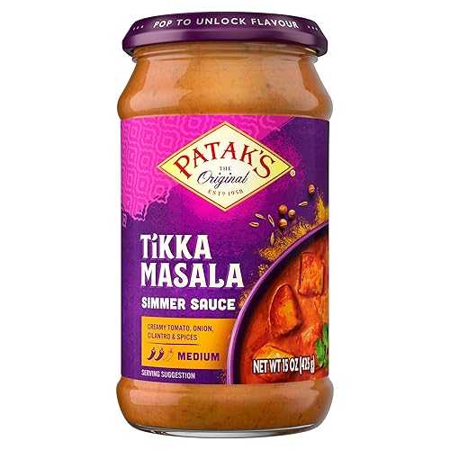 Patak\u0027s Tikka Masala Simmer Sauce with Creamy Tomato, Onion, Cilantro \u0026 Spices, No Artificial Flavors, Gluten-Free, Vegetarian, 15 Ounce (Pack of 3)