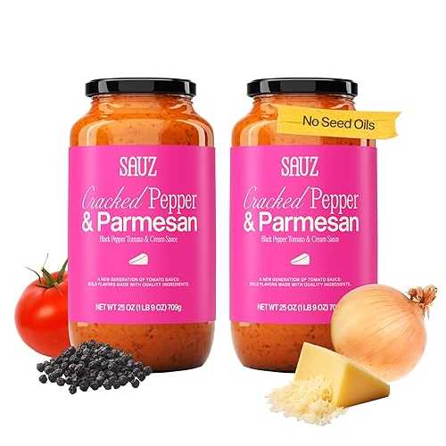 Sauz Cracked Pepper \u0026 Parmesan Sauce / Clean Ingredients, No Seed Oils, Gluten-Free / Thick \u0026 Creamy Tomato Sauce for Pasta, Pizza, Spaghetti \u0026 More / Crafted インチ Small Batches / 12 Servings Total (25薬局衡オンス Jars, 2-