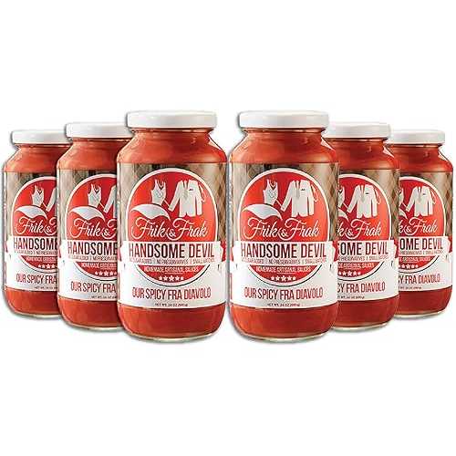 Spicy Fra Diavolo Pasta Sauce by Frik \u0026 Frak, 6-Pack, No Sugar Added, No Preservatives, Gluten Free, 36 Month Shelf Life, Artisan Small Batch Crafted Pasta Sauces, Handsome Devil, 24 Oz Jars