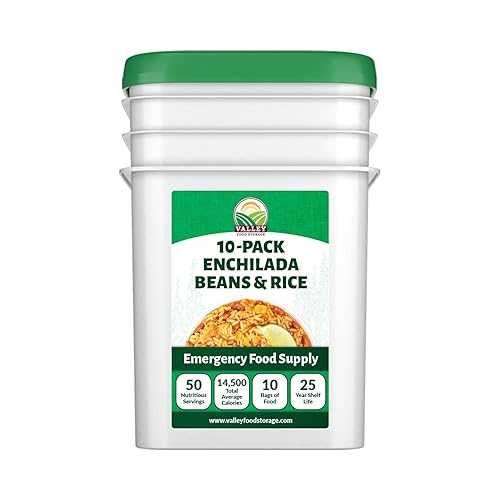 Valley Food Storage Enchilada Beans \u0026 Rice / 50 Servings Emergency Food Supply / Premium Survival Meals, 25 Year Shelf Life / Prepper Food, Camping \u0026 Off Grid Living Supplies (10 Bags + Bucket)
