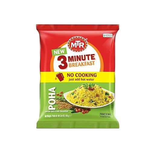 MTR 3 Minute Poha Mix - Ready-to-Cook Indian Meal Made with Rice Flakes, 100% Vegetarian, No Added Preservatives, Convenient \u0026 Flavorful, Quick \u0026 Delicious Breakfast - Regular Poha, 160g - Pack of 6