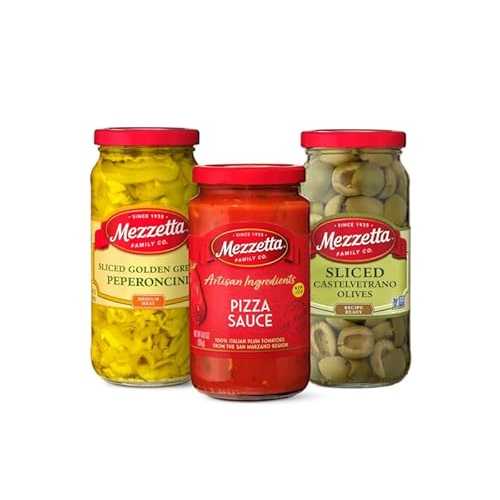 Mezzetta Pizza Combo (3-Pack) / Sliced Castelvetrano Olives 8.25 Ounce, Sliced Golden Greek Peperoncini 16 Ounce, Artisan Ingredients Pizza Sauce 14 Ounce