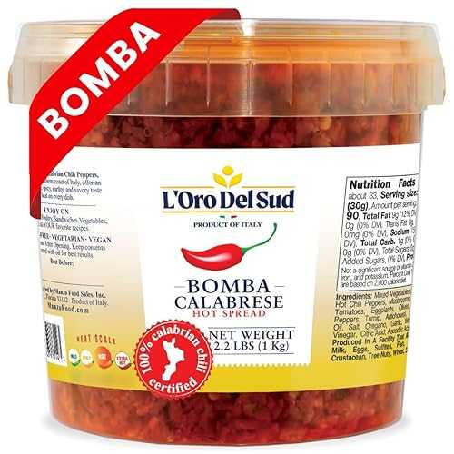Calabrian Bomba Hot Pepper Sauce 2.2 重量ポンド (1 kg), Certified Authentic, Bomba Calabrese, Spicy Mixed Vegetable Spread, Product of Italy, L\u0027Oro Del Sud