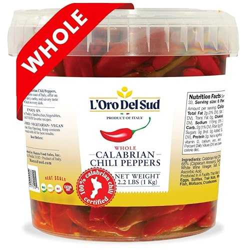 Whole Calabrian Chili Peppers インチ Oil, 2.2 重量ポンド (1 kg), Certified Authentic, Authentic Chilies from Calabria, Spicy and Savory Taste, Product of Italy, Bulk, Foodservice, Restaurant Size, L\u0027Oro Del Sud