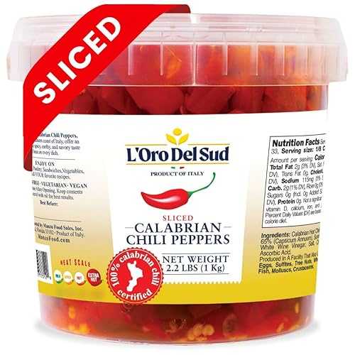 Sliced Calabrian Chili Pepper, Chopped Rings, 2.2 重量ポンド (1 kg), Certified Authentic, Italian, Peperoncini Calabrese, Spicy and Savory Taste, L\u0027Oro Del Sud
