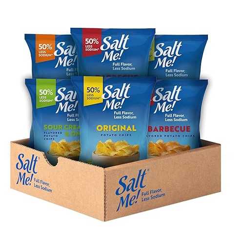 SaltMe! 4 flavor variety pack Potato Chips, 50% Low Salt, Kosher, Non-GMO, Better for You Chips, Original-BBQ-SC\u0026Onion-Ched\u0026Sour Cream 5 Ounces, Pack of 6