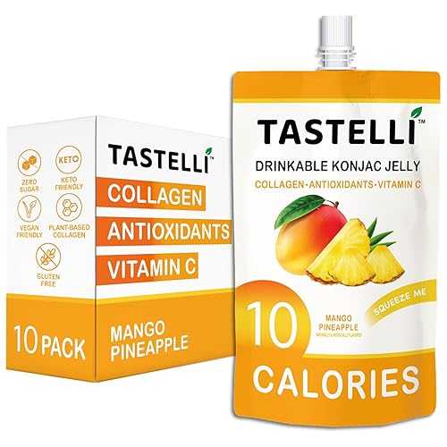 Tastelli Konjac Jelly Infused with Collagen \u0026 Vitamin C / Gluten Free, Sugar Free, Low Calorie / Vegan Drinkable Fruit Jelly Snack / Mango Pineapple / 150mL x 10 Pouches