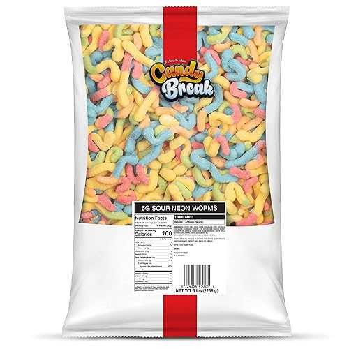 Candy Break Sour Neon Worms, Sour Gummy Candy, Chewy Gummies Candy, Snacks for Kids \u0026 Adults, 5 lbs Bulk Share Size Bag, Variety Pack of 1