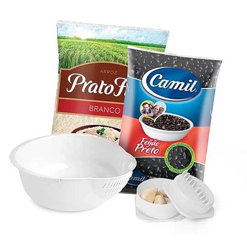 BRAZILIAN CORNER Prato Fino White Rice 2 Lbs, Camil Black Beans 2.2 Lbs, Rice Bowl with Strainer, Garlic Crusher, 4 Pack Bundle / Arroz Prato Fino 1Kg, Feijao Preto Camil 1Kg + Lava Arroz e Triturador de Alho
