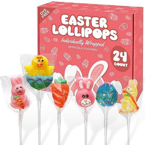 Taboom Easter Lollipops Candy Variety Pack Dye-Free - 24 Individually Wrapped Assorted Colorful Shapes Easter Suckers, With Bunny, Egg, Carrot Easter Suckers. For Basket Fillers, Gifts \u0026 Treats