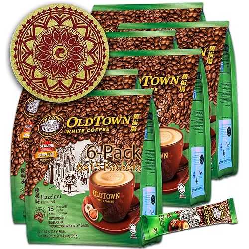 WHALEVER 6-Pack (Hazelnut) OLDTOWN White Coffee 3 インチ 1 Asian Instant Coffee Package with a Cork Coaster, old town White Coffee 90 Packets with a Random Flavor Sample Packet