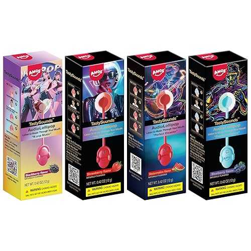 Amos TastySounds Audio Music Lollipop Candy Singing Music Lollipop Suckers, 4-Flavor Variety Pack (Strawberry, Blueberry, Blackberry, Watermelon), Individually Wrapped