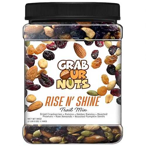 Grab Our Nuts Rise n\u0027 Shine Trail Mix 40 Ounce Jar: Dried Cranberries, Raisins, Golden Raisins, Roasted Peanuts, Raw Almonds, Roasted Pumpkin Seeds