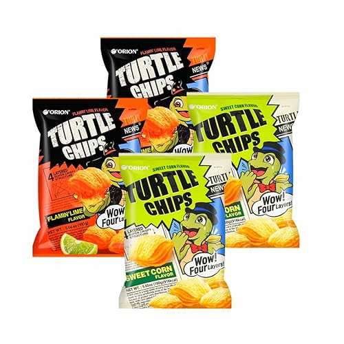 [Combo of 4 Big Packs] Orion Turtle Chips, Sweet Corn (2) / Flamin Lime Flavor (2), Super Crunch, 5.64 薬局衡オンス