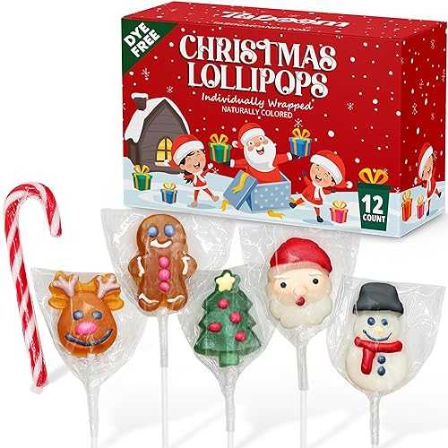 Taboom Christmas Lollipop Suckers 12 Count Individually Wrapped Dye-Free Holiday Candy - Festive Santa, Snowman, Gingerbread, Christmas Tree \u0026 Candy Cane Pops Gift pack - Stocking Stuffers \u0026 Party Favors