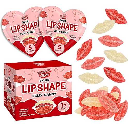 Twinkle Bites 75 Pcs - 15 Packs of 5 Valentine s Day Sour Pucker Gummy Heart Shaped Packs with 5 Lip Candy インチ each Bag, Strawberry, Raspberry \u0026 Tutti Frutti Flavors, Valentine Candy Gift Box