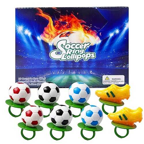 DelicYum Soccer Themed 3D - Ring Lollipops 18 pk Assorted Fruit Flavors, Soccer Ball \u0026 Golden Boot Shaped Lollipop Ring Candy Suckers Individually Wrapped Bulk, Sports Candy Snacks for Party Treats Goodie Bags