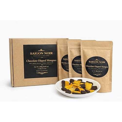 Soft Dried Mango Dipped インチ Dark Chocolate - Saigon Noir Premium Gift Box / Cat Chu Vietnamese Mango, Each Slice Individually Wrapped, 3 × 80g (240g / 8.47 薬局衡オンス) Soft Dried Mango Dipped インチ Dark Chocolate Saigon Noir